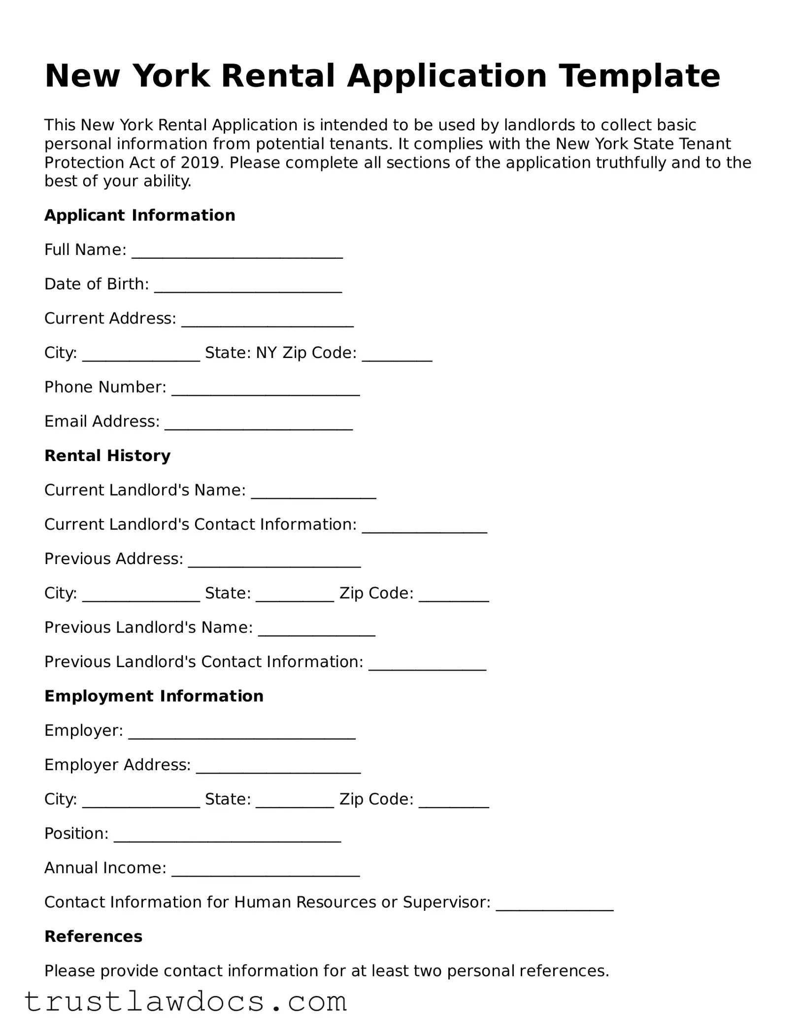 Free  Rental Application Form for New York