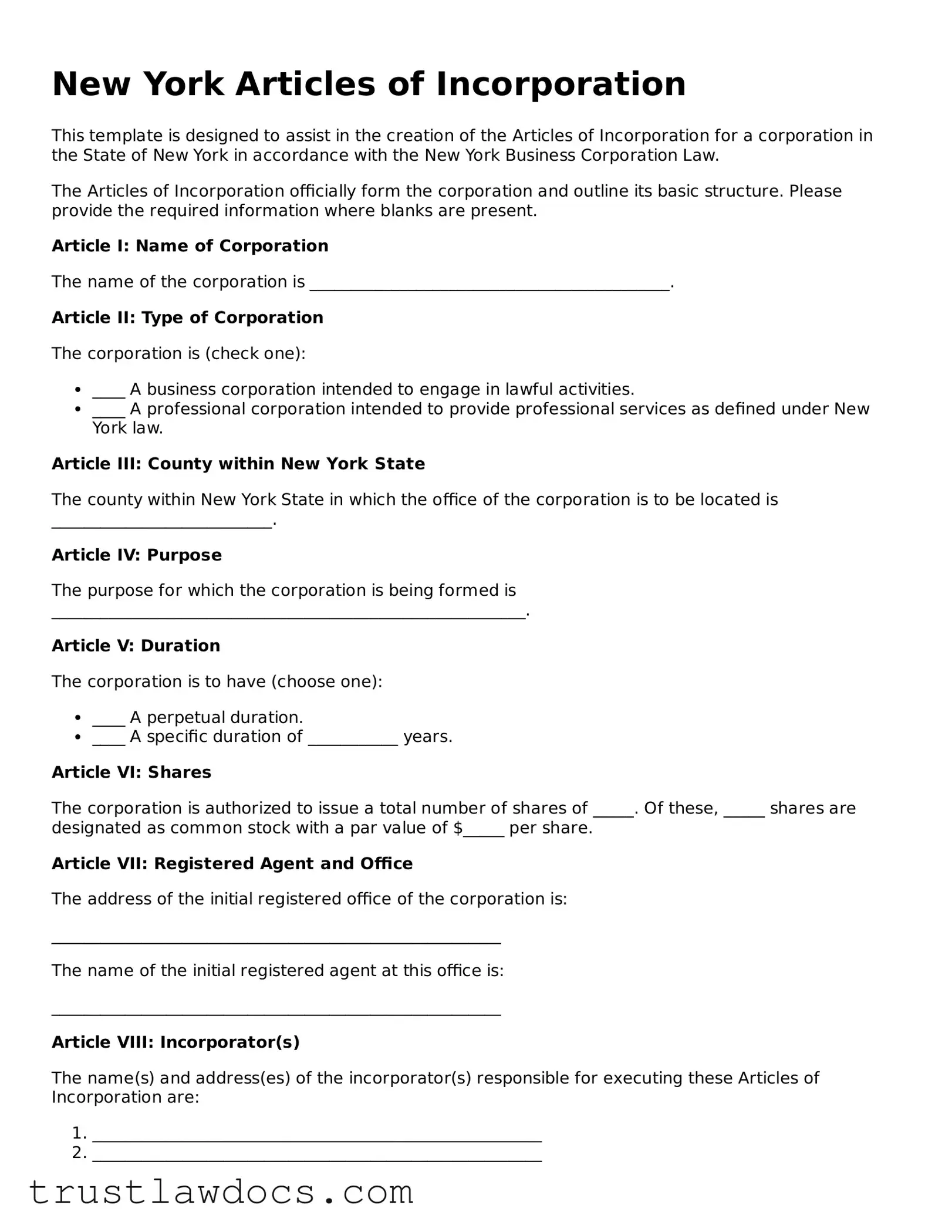Free  Articles of Incorporation Form for New York