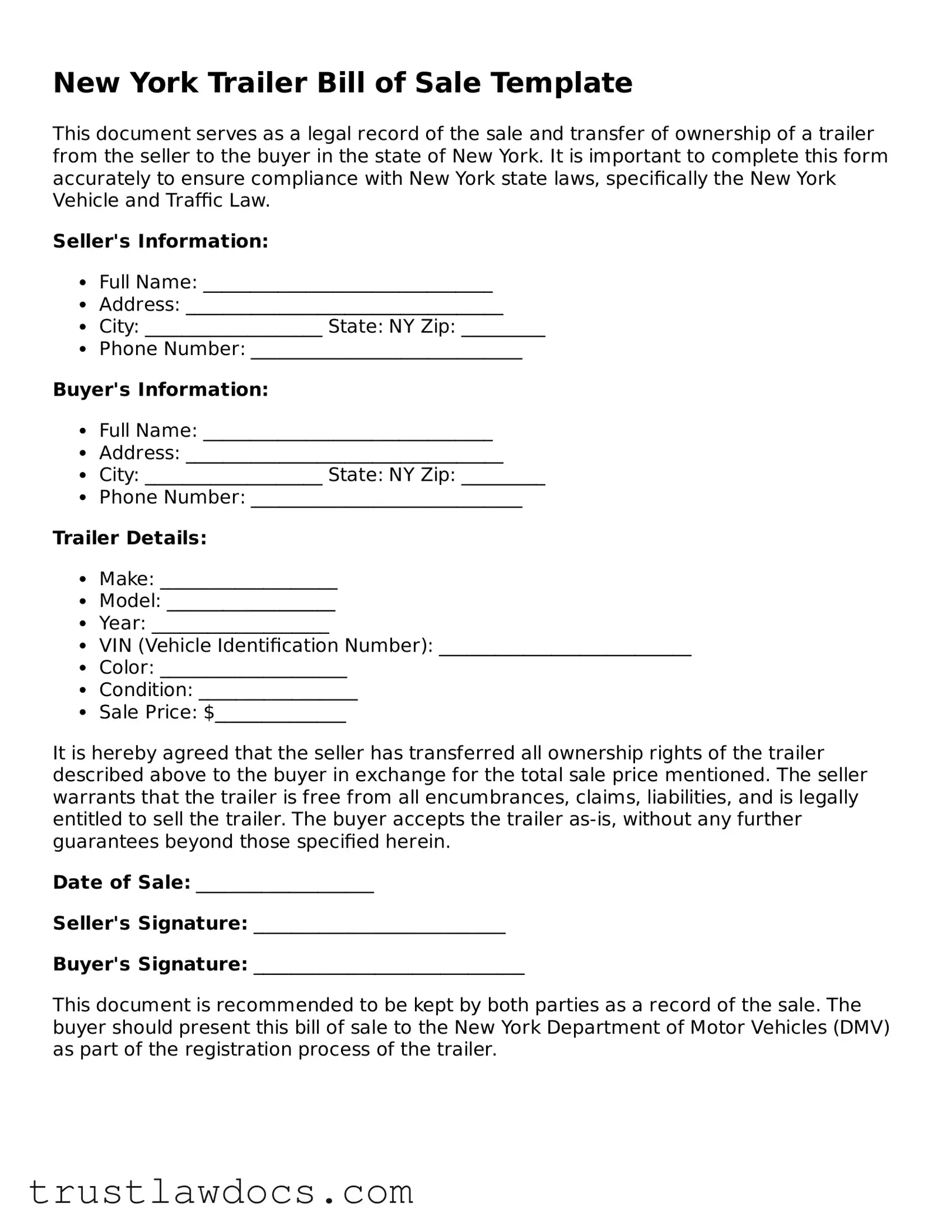Free  Trailer Bill of Sale Form for New York