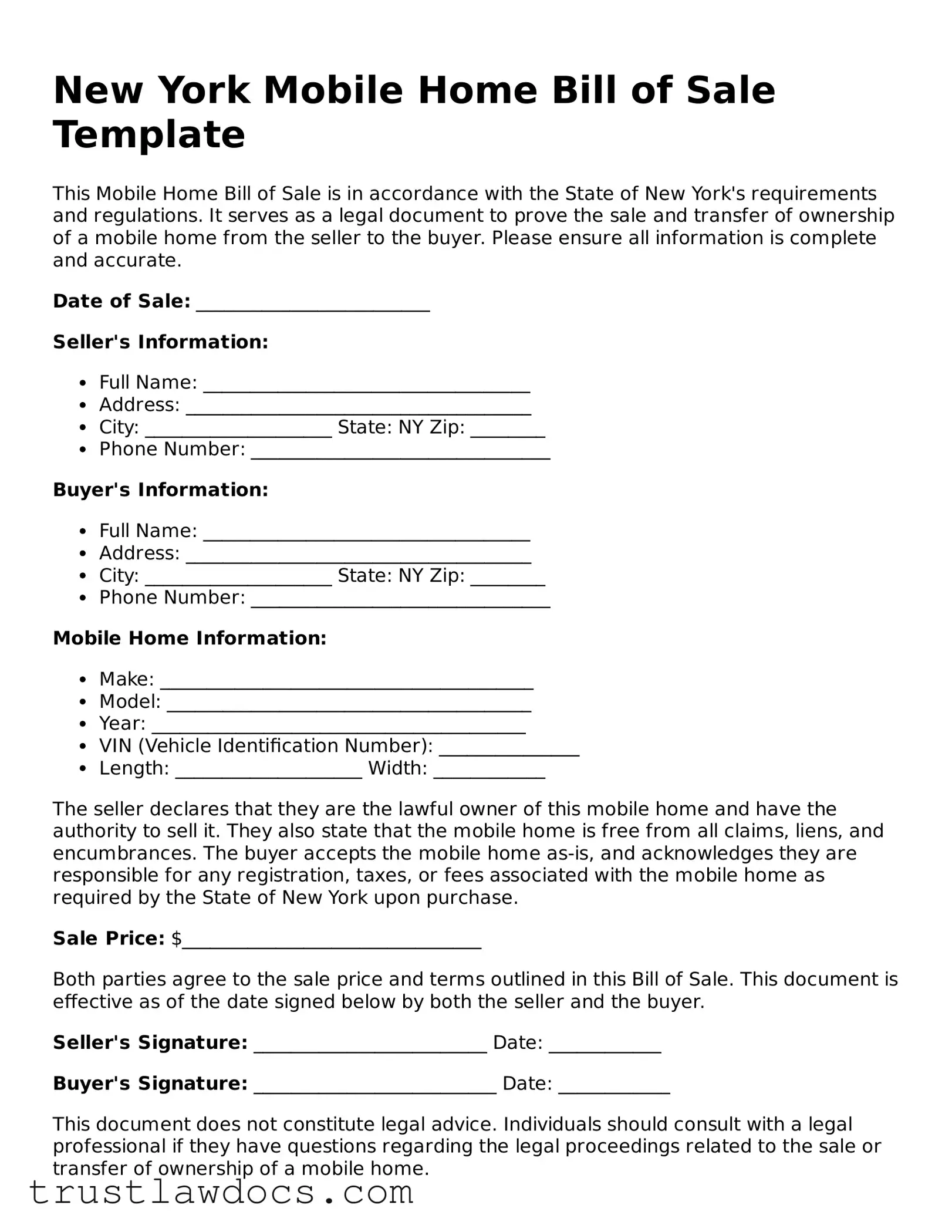 Free  Mobile Home Bill of Sale Form for New York
