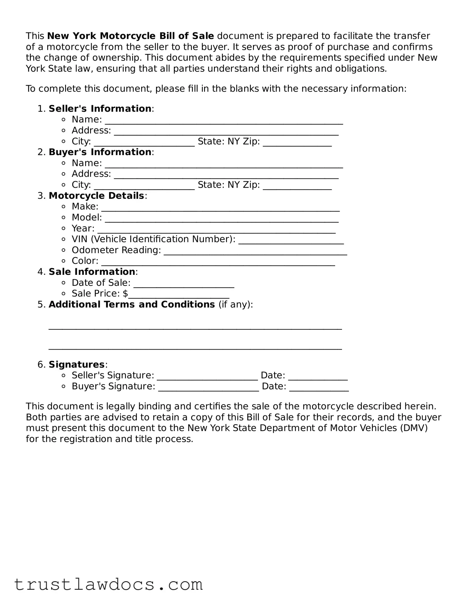 Free  Motorcycle Bill of Sale Form for New York