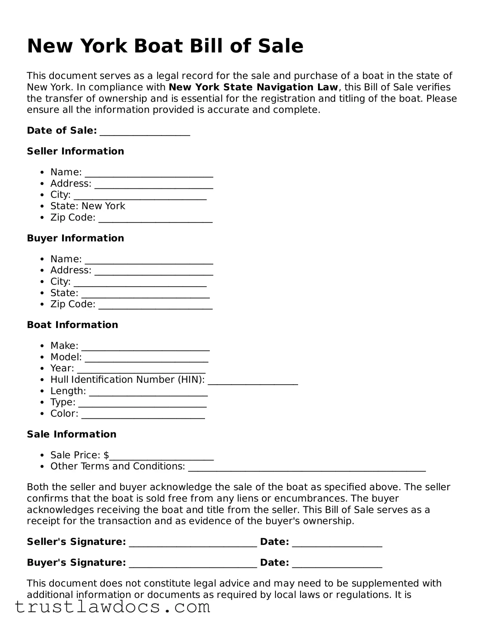 Free  Boat Bill of Sale Form for New York