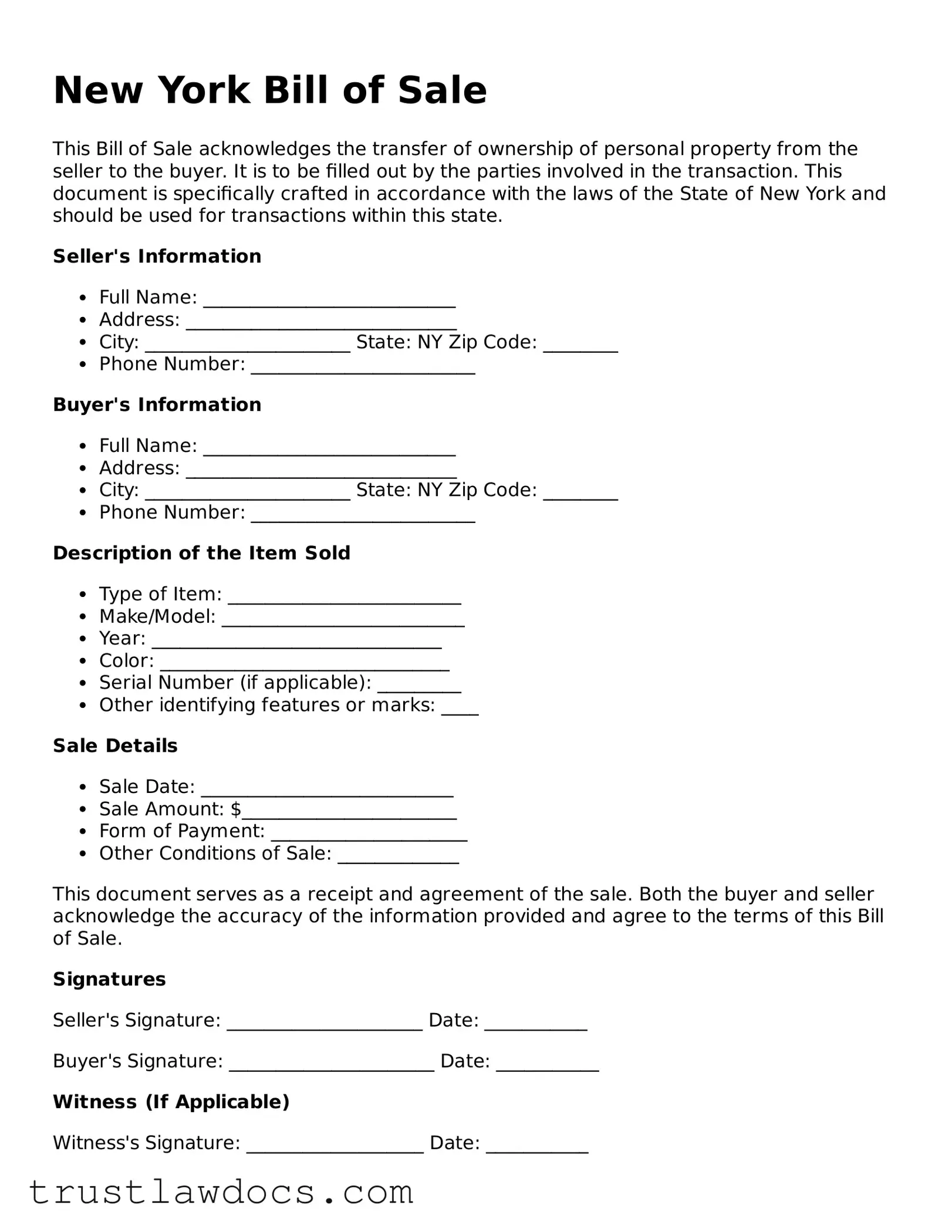 Free  Bill of Sale Form for New York