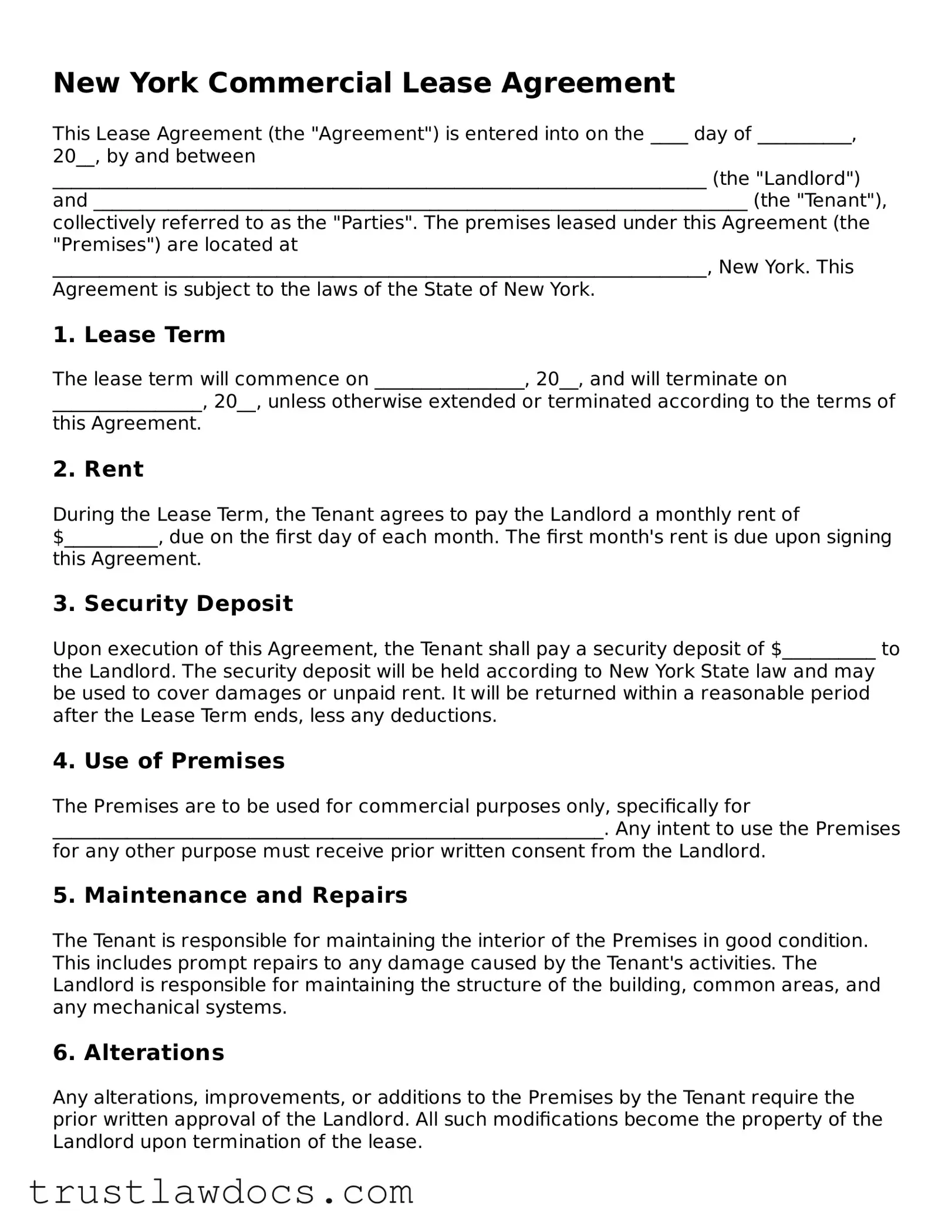 Free  Commercial Lease Agreement Form for New York