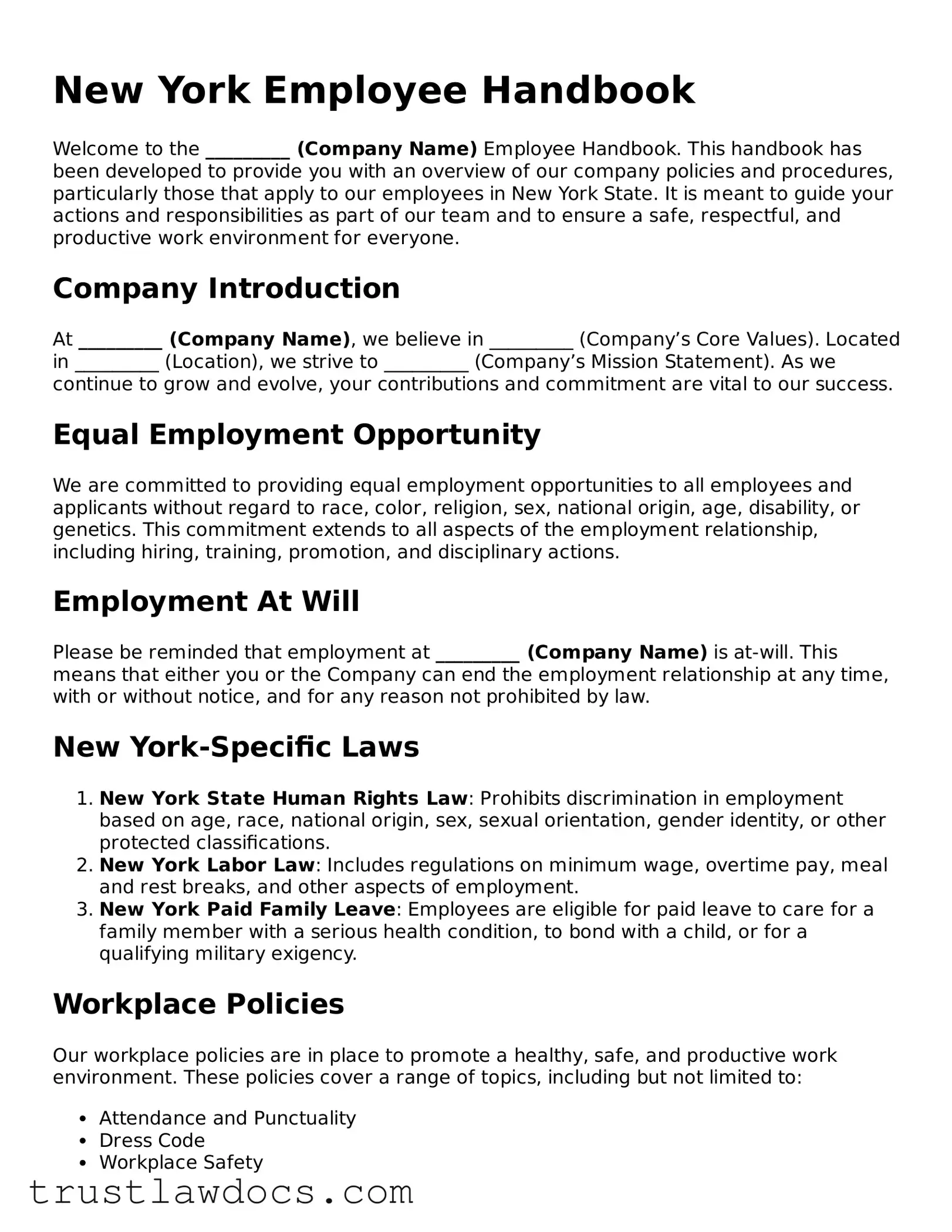 Free  Employee Handbook Form for New York