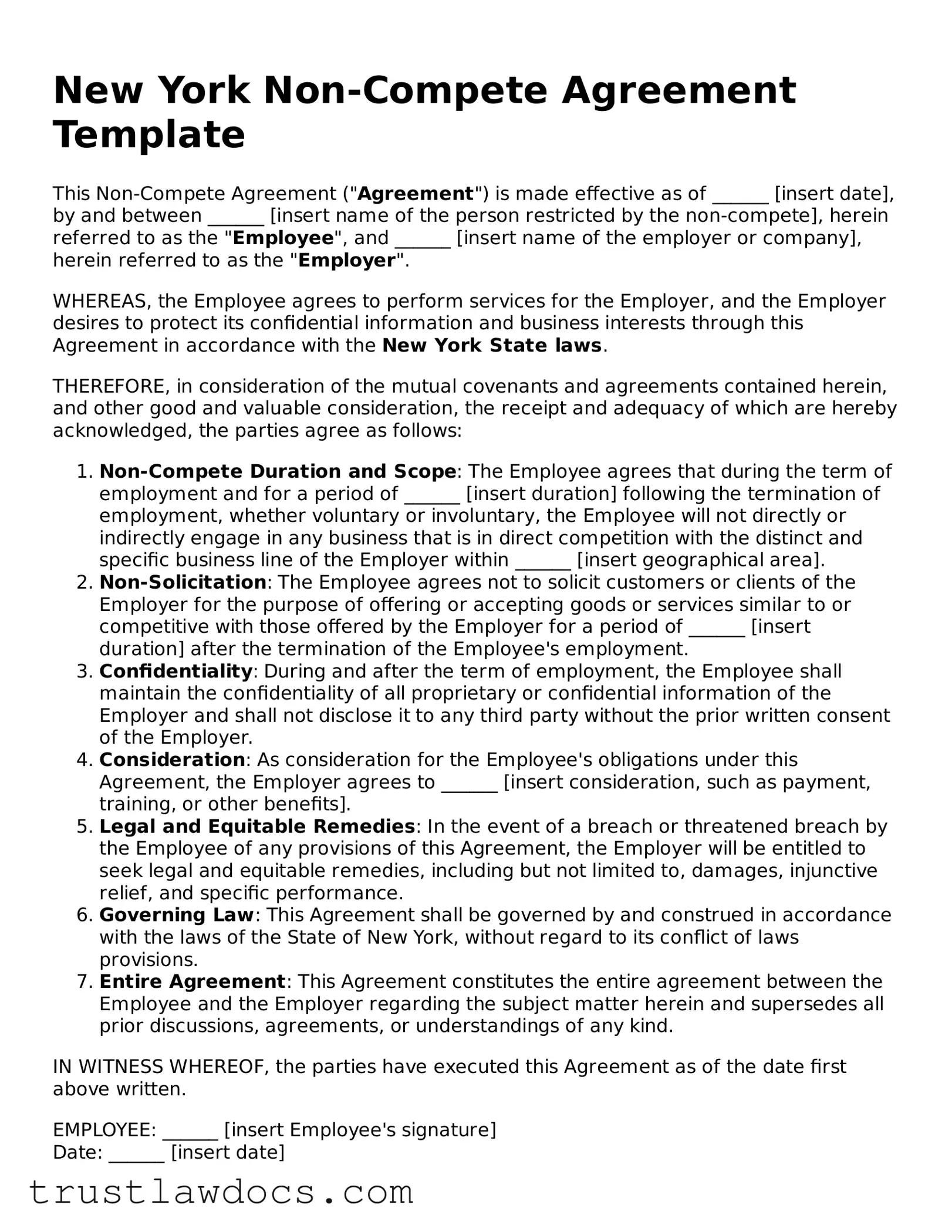 Free  Non-compete Agreement Form for New York