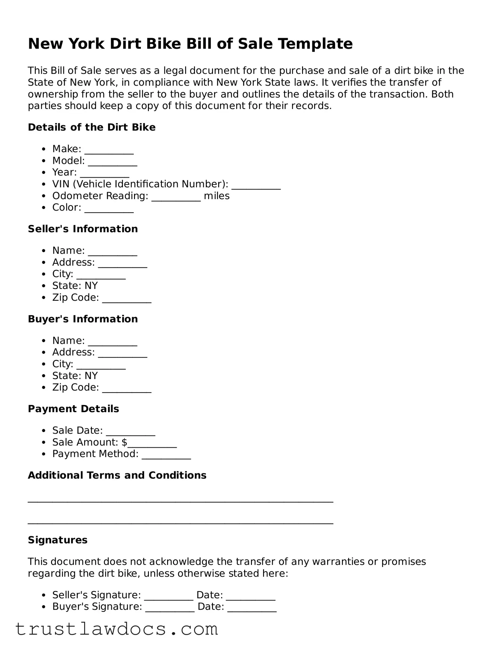 Free  Dirt Bike Bill of Sale Form for New York