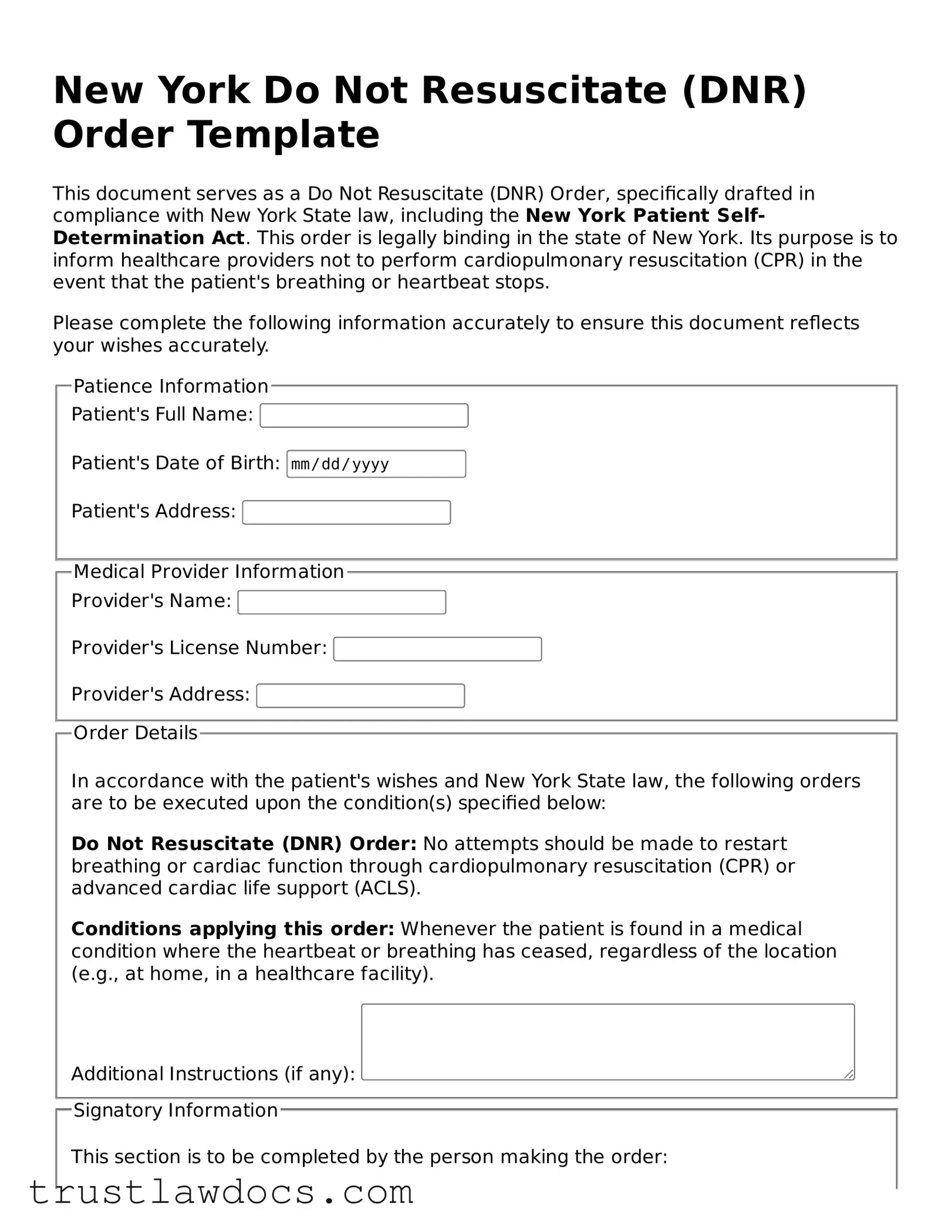 Free  Do Not Resuscitate Order Form for New York