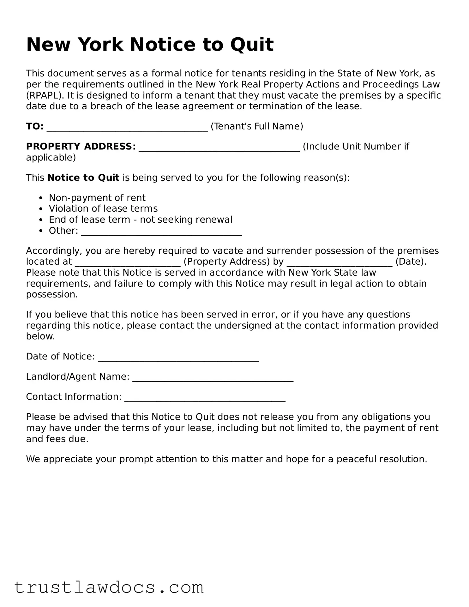 Free  Notice to Quit Form for New York
