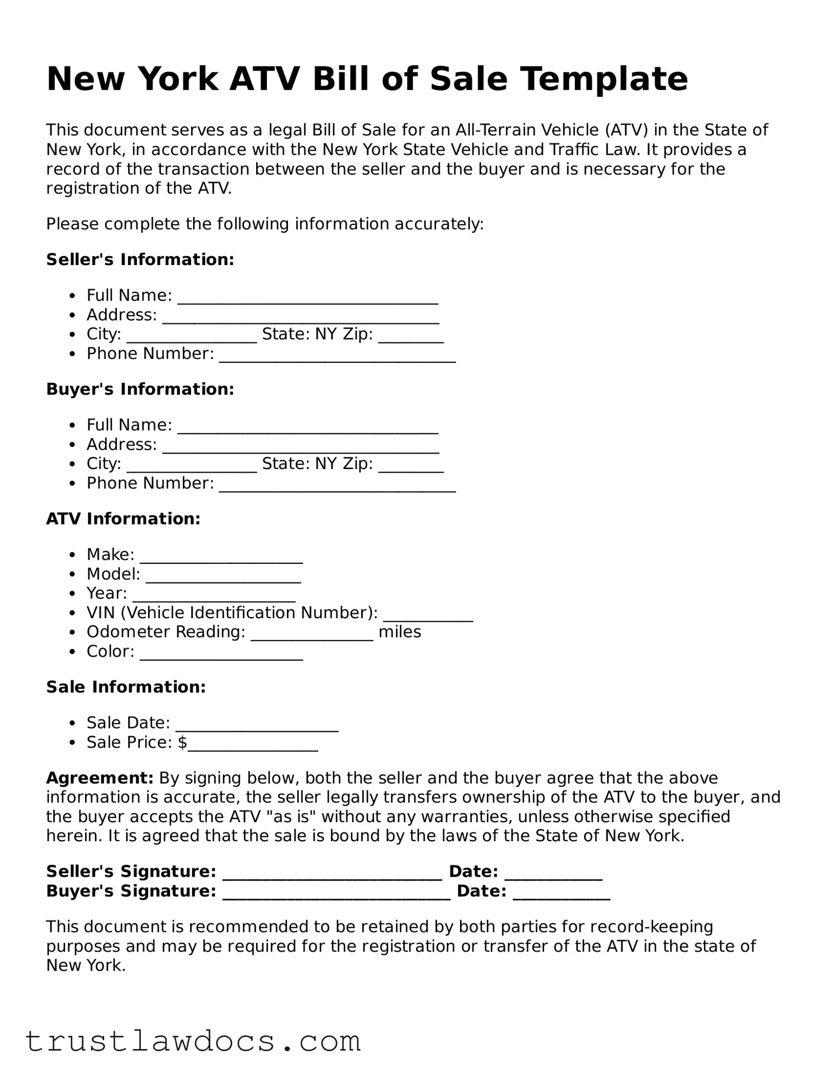 Free  ATV Bill of Sale Form for New York