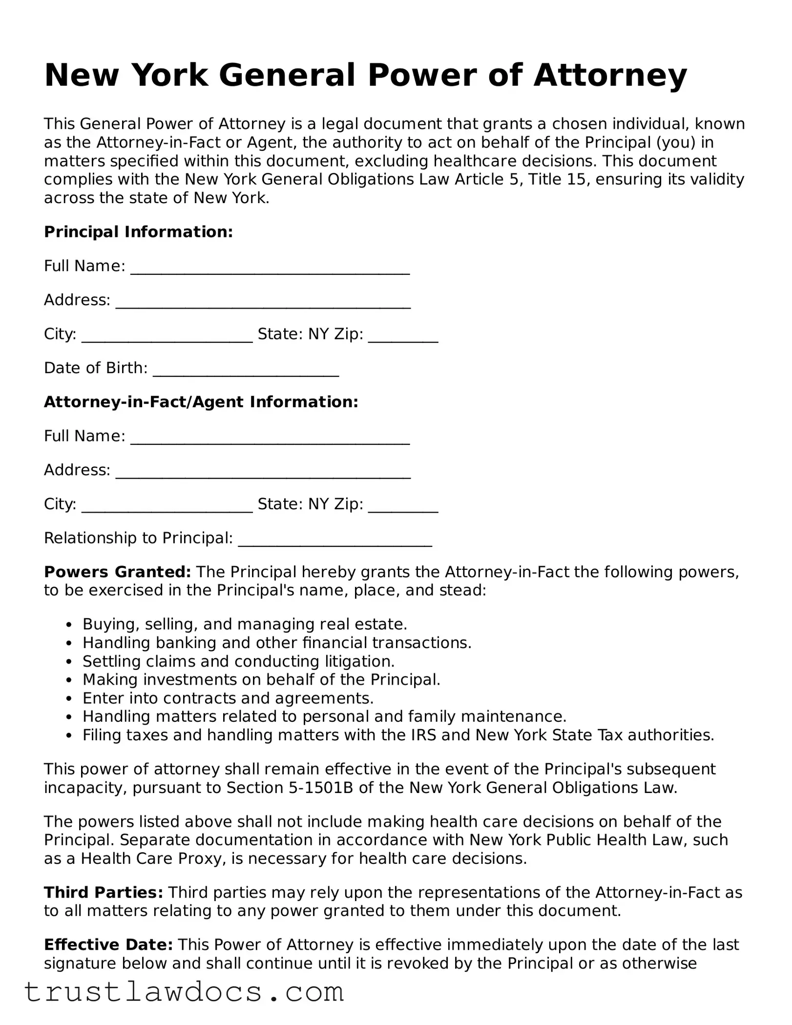 Free  General Power of Attorney Form for New York