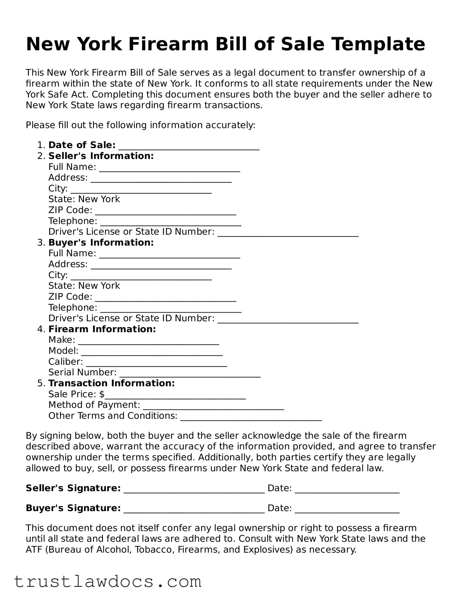 Free  Firearm Bill of Sale Form for New York