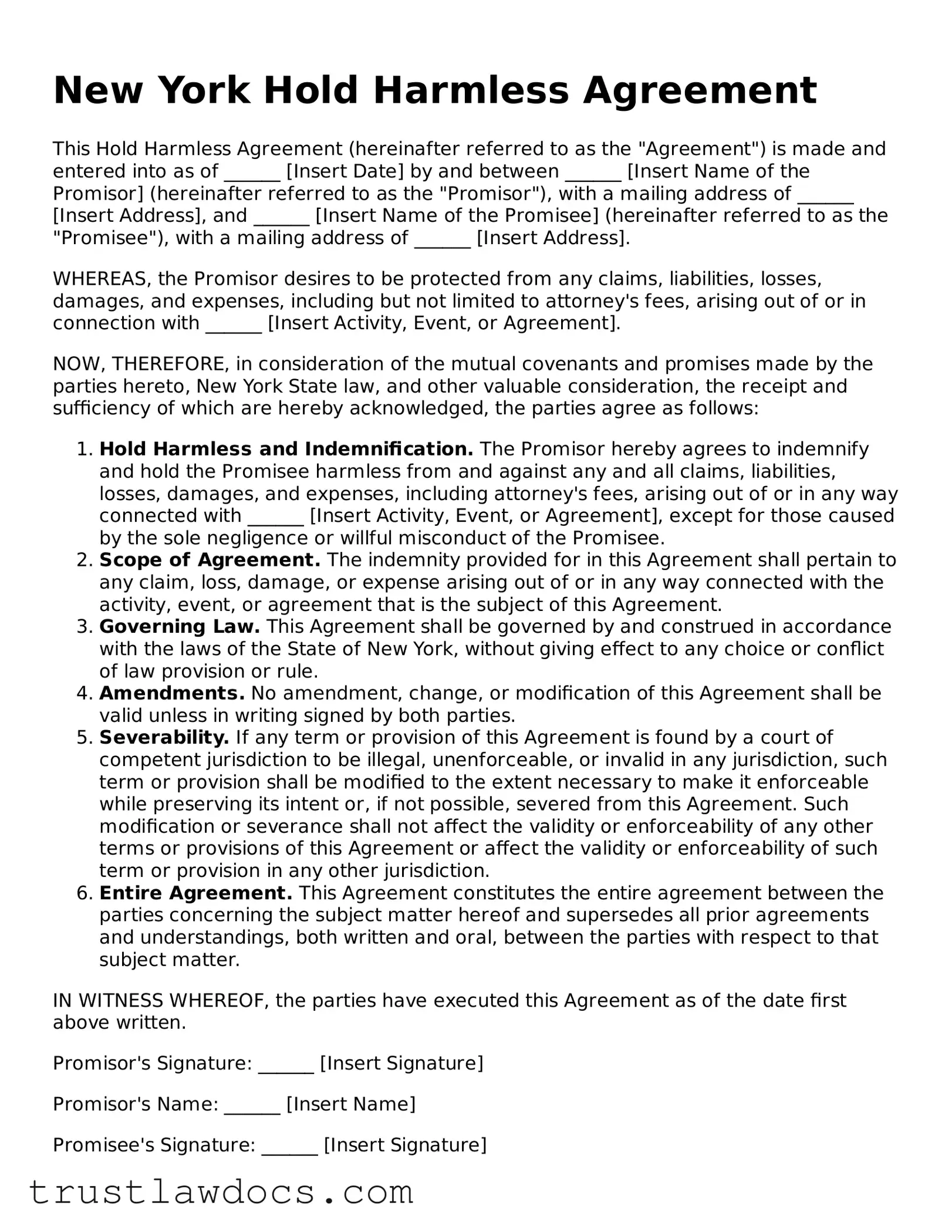 Free  Hold Harmless Agreement Form for New York
