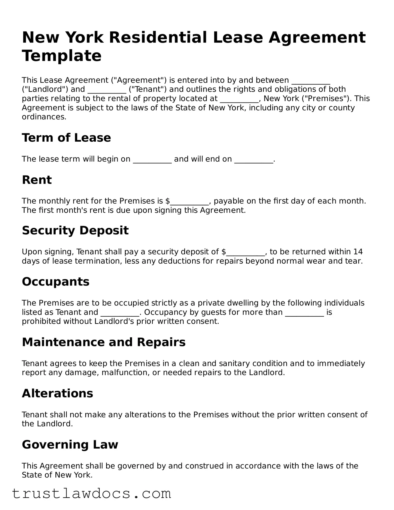 Free  Residential Lease Agreement Form for New York