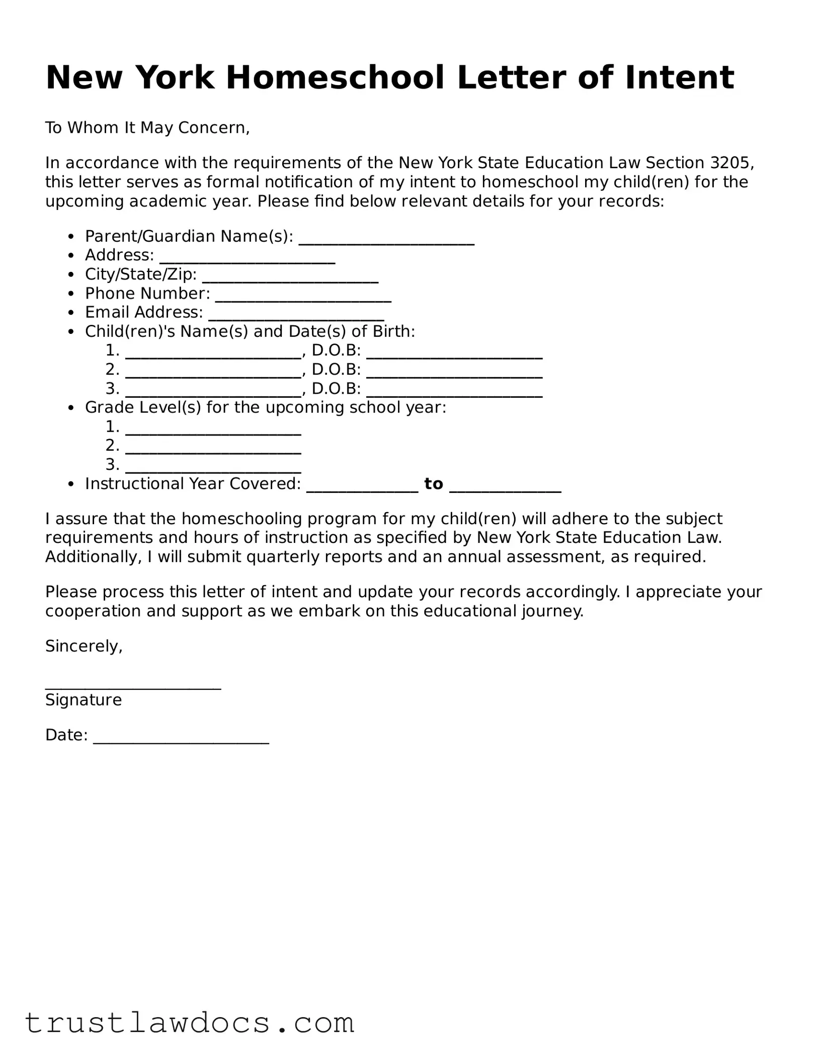 Free  Homeschool Letter of Intent Form for New York