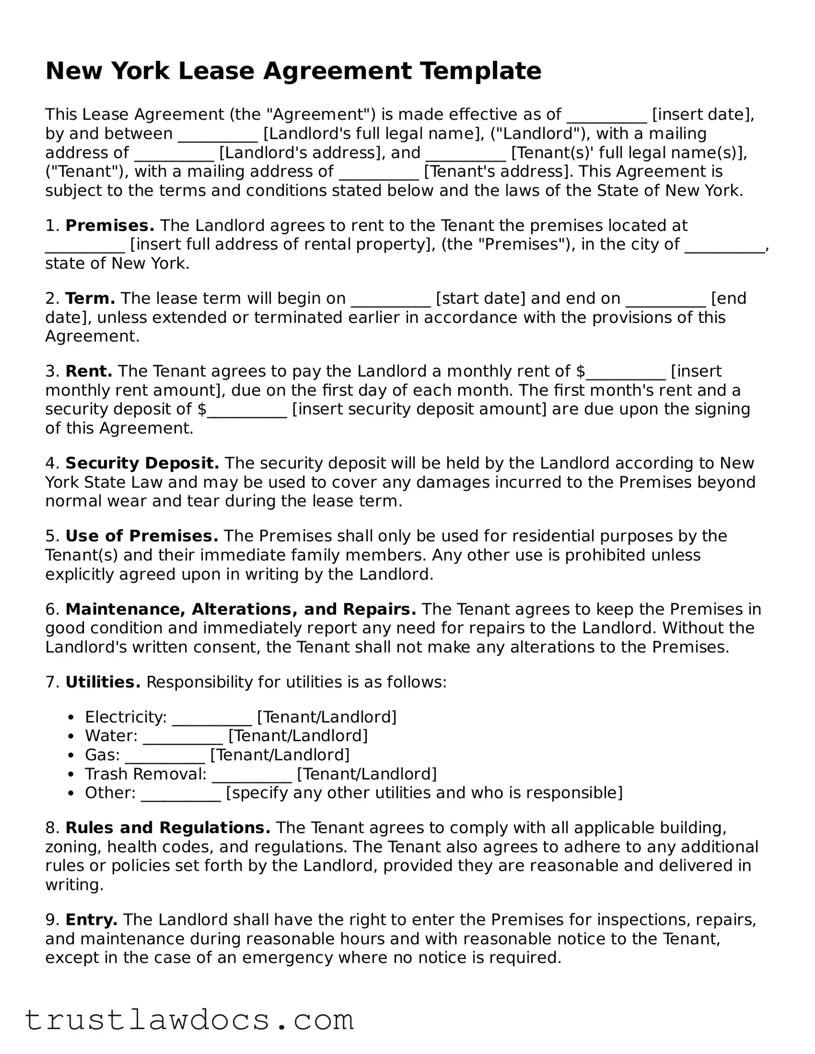 Free  Lease Agreement Form for New York