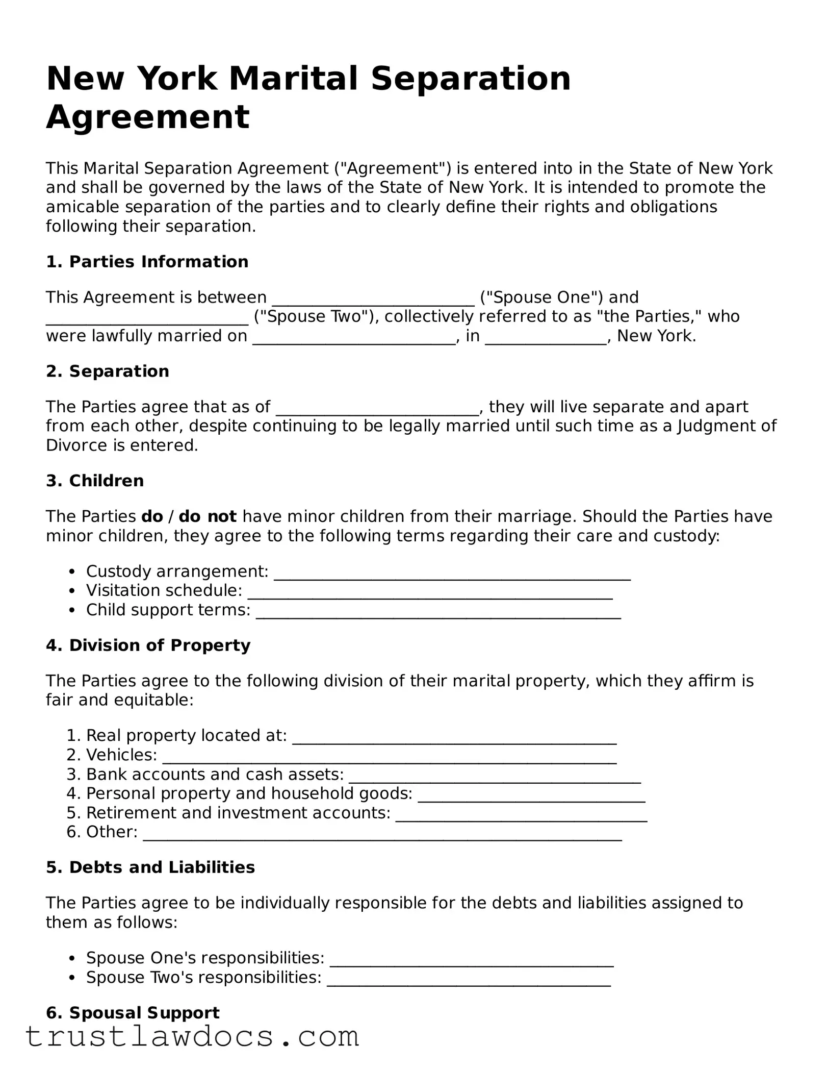 Free  Marital Separation Agreement Form for New York
