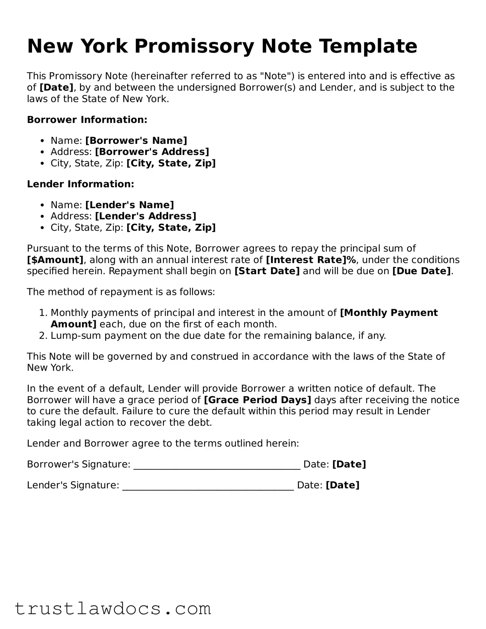 Free  Promissory Note Form for New York