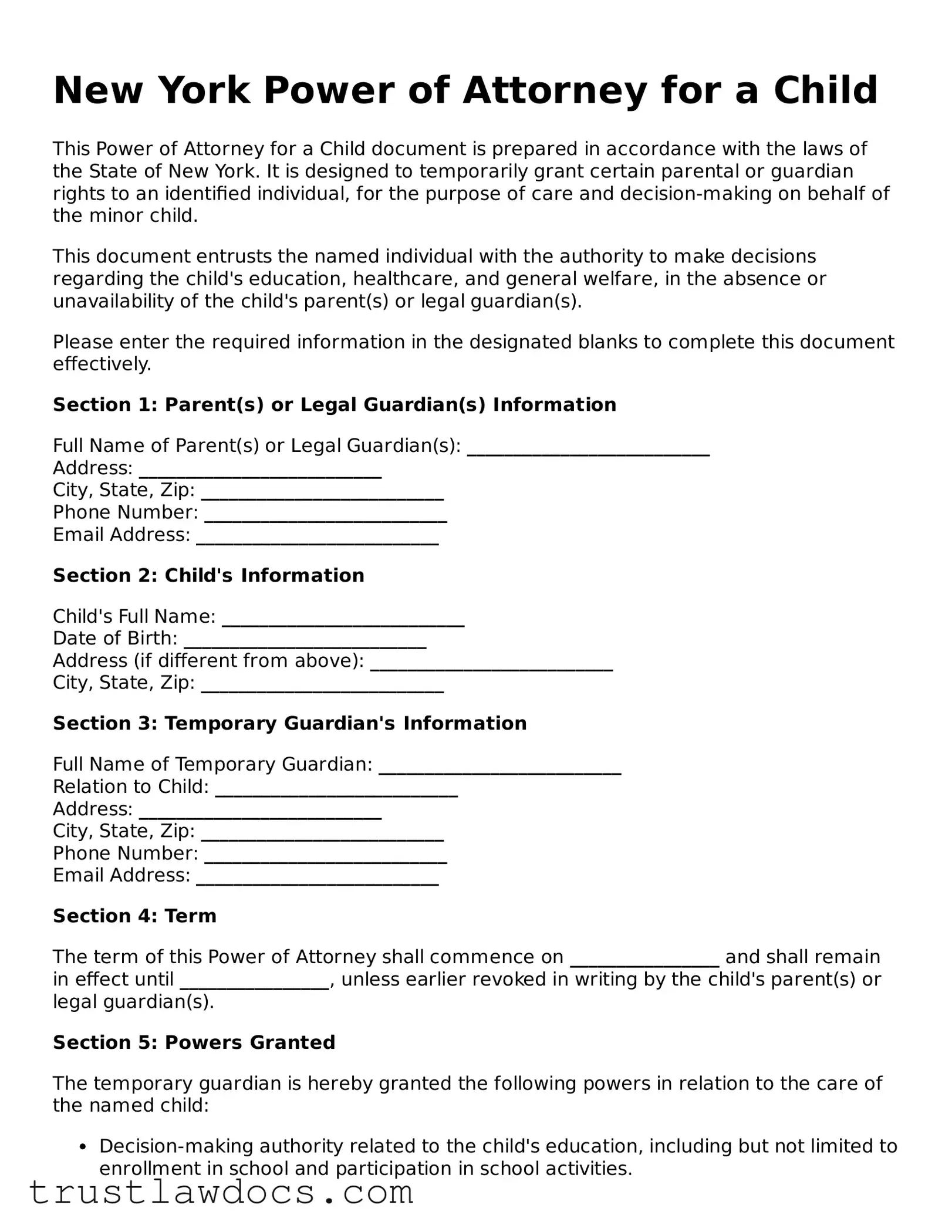 Free  Power of Attorney for a Child Form for New York
