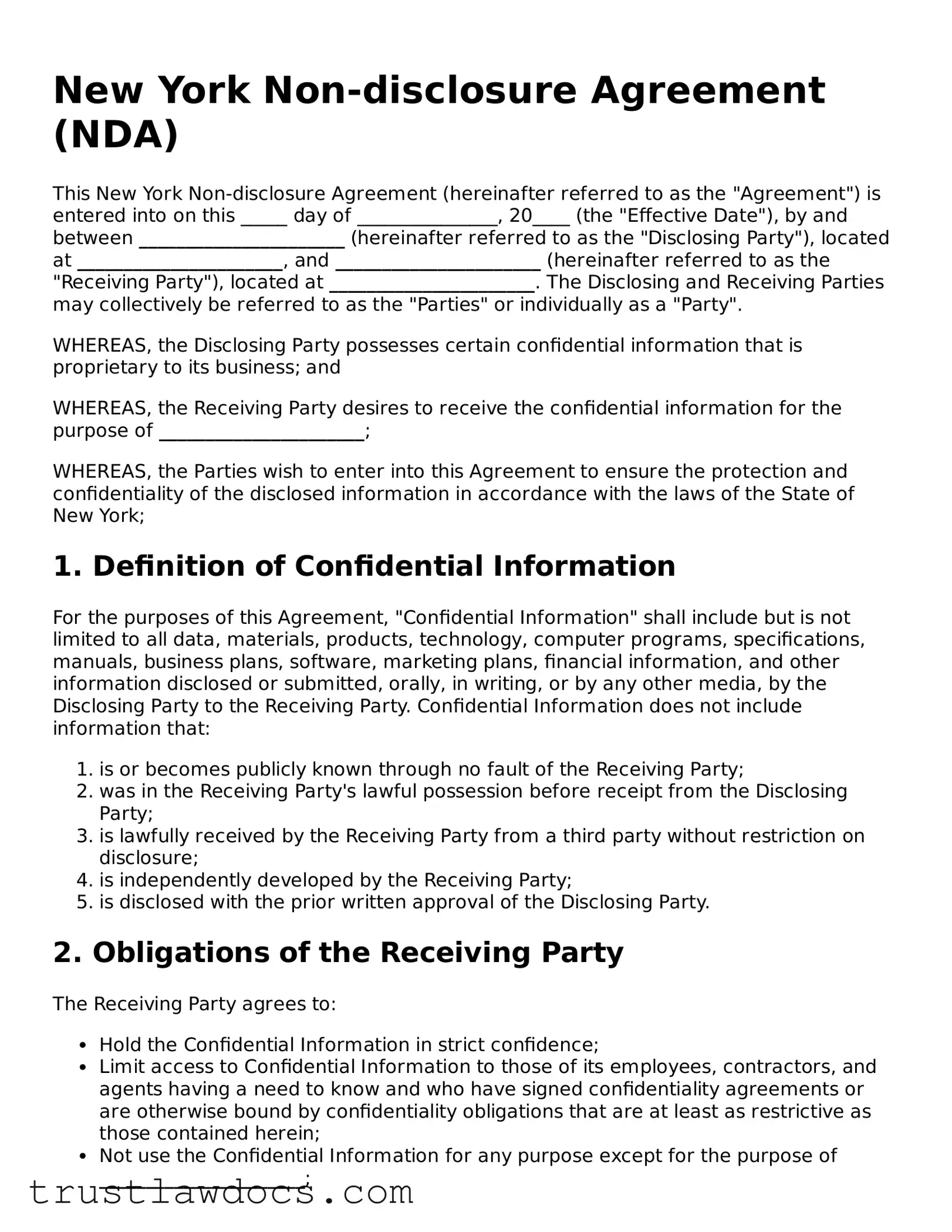 Free  Non-disclosure Agreement Form for New York