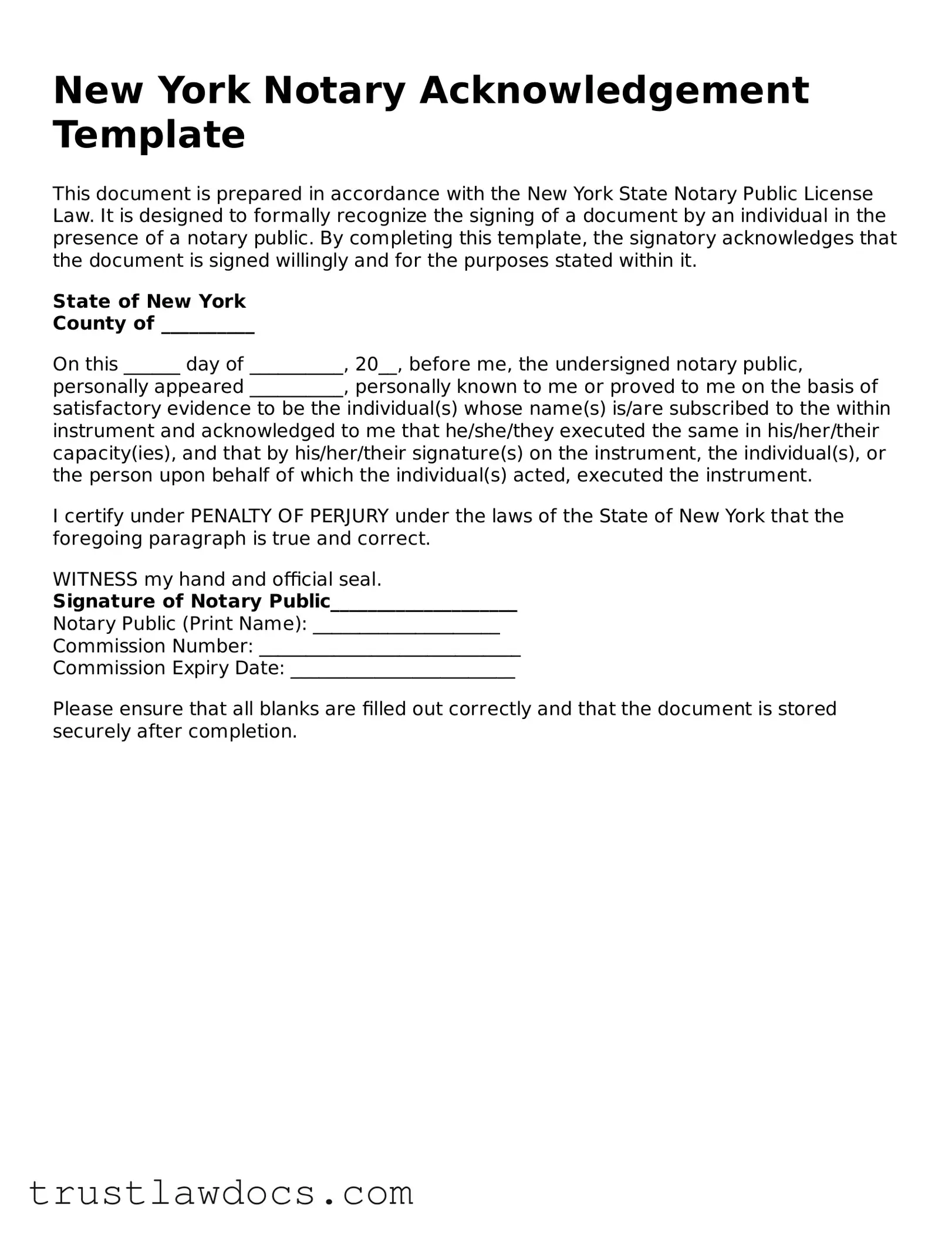 Free  Notary Acknowledgement Form for New York