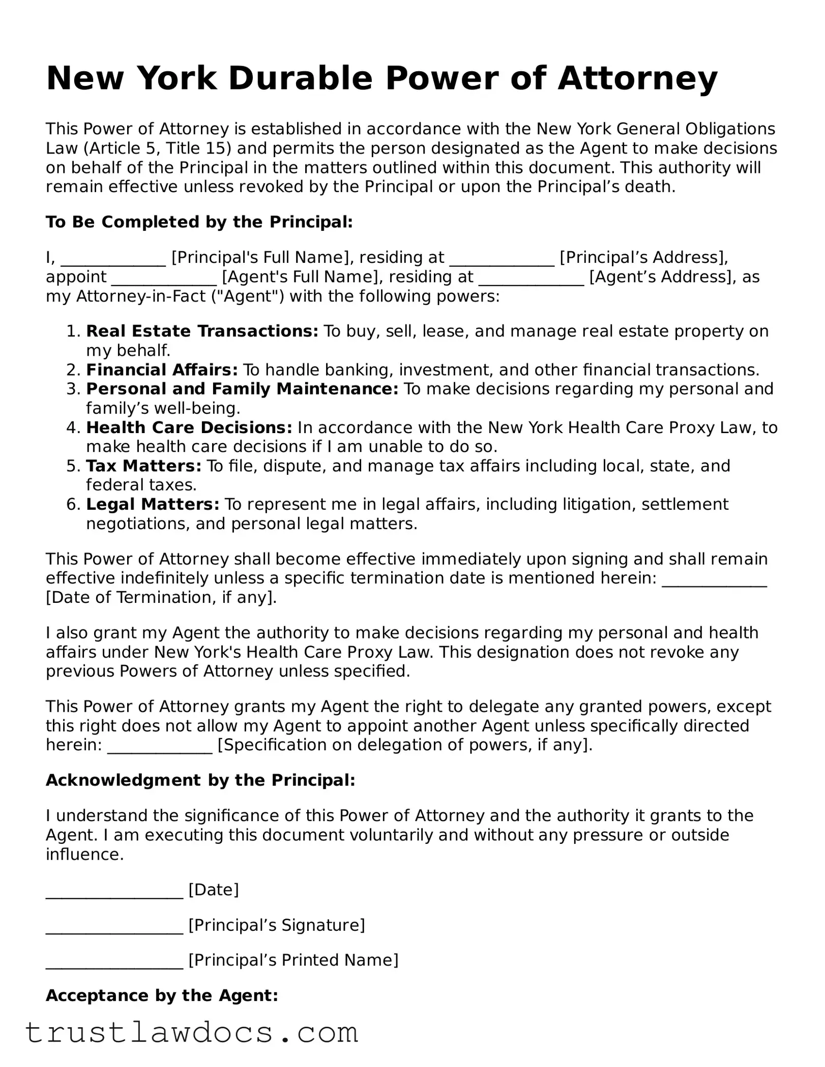 Free  Power of Attorney Form for New York