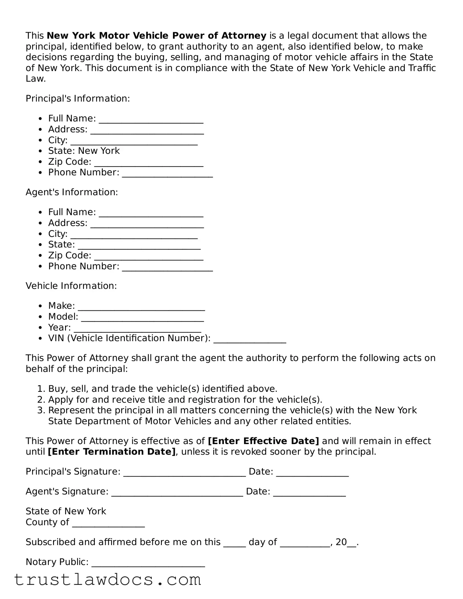 Free  Motor Vehicle Power of Attorney Form for New York