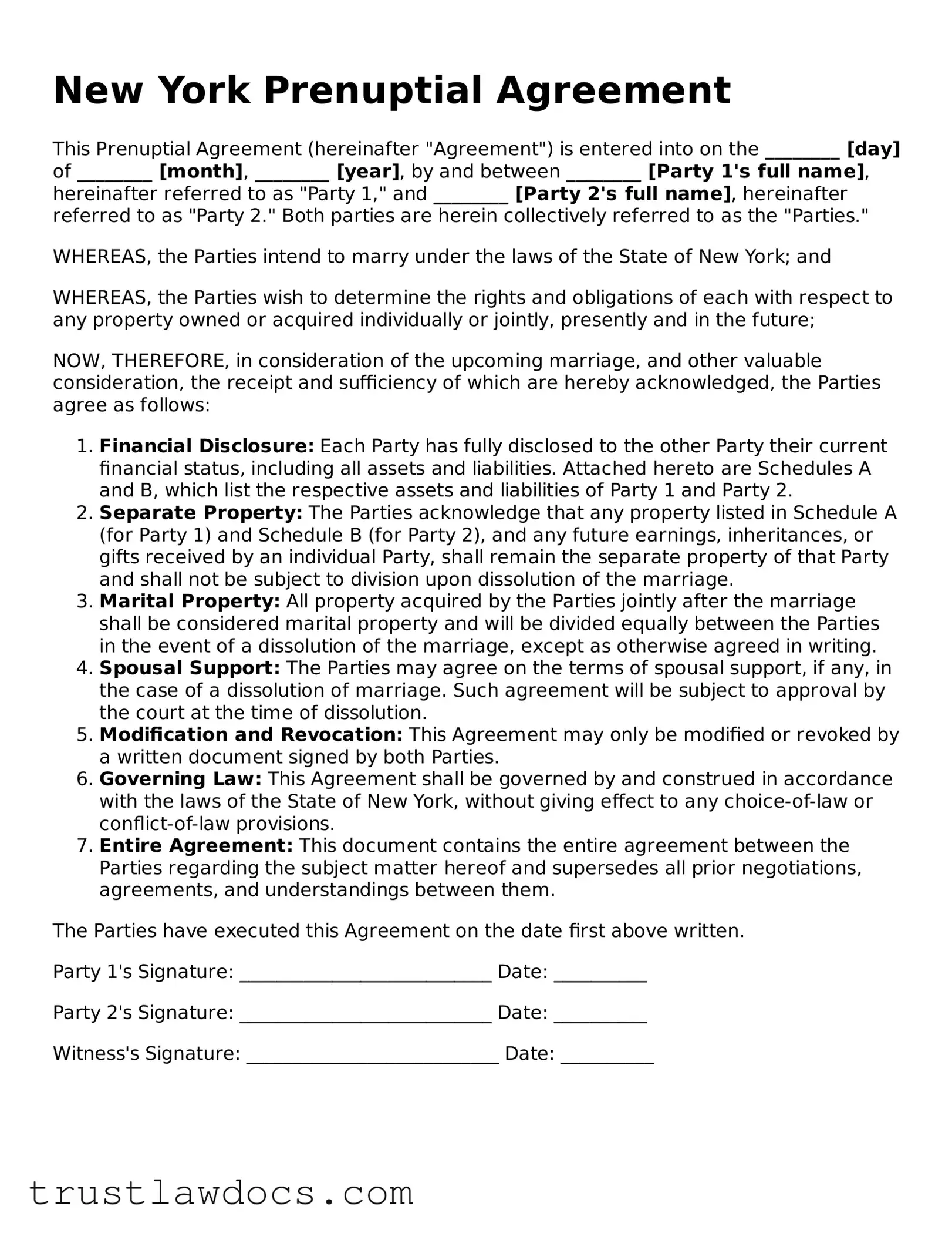 Free  Prenuptial Agreement Form for New York