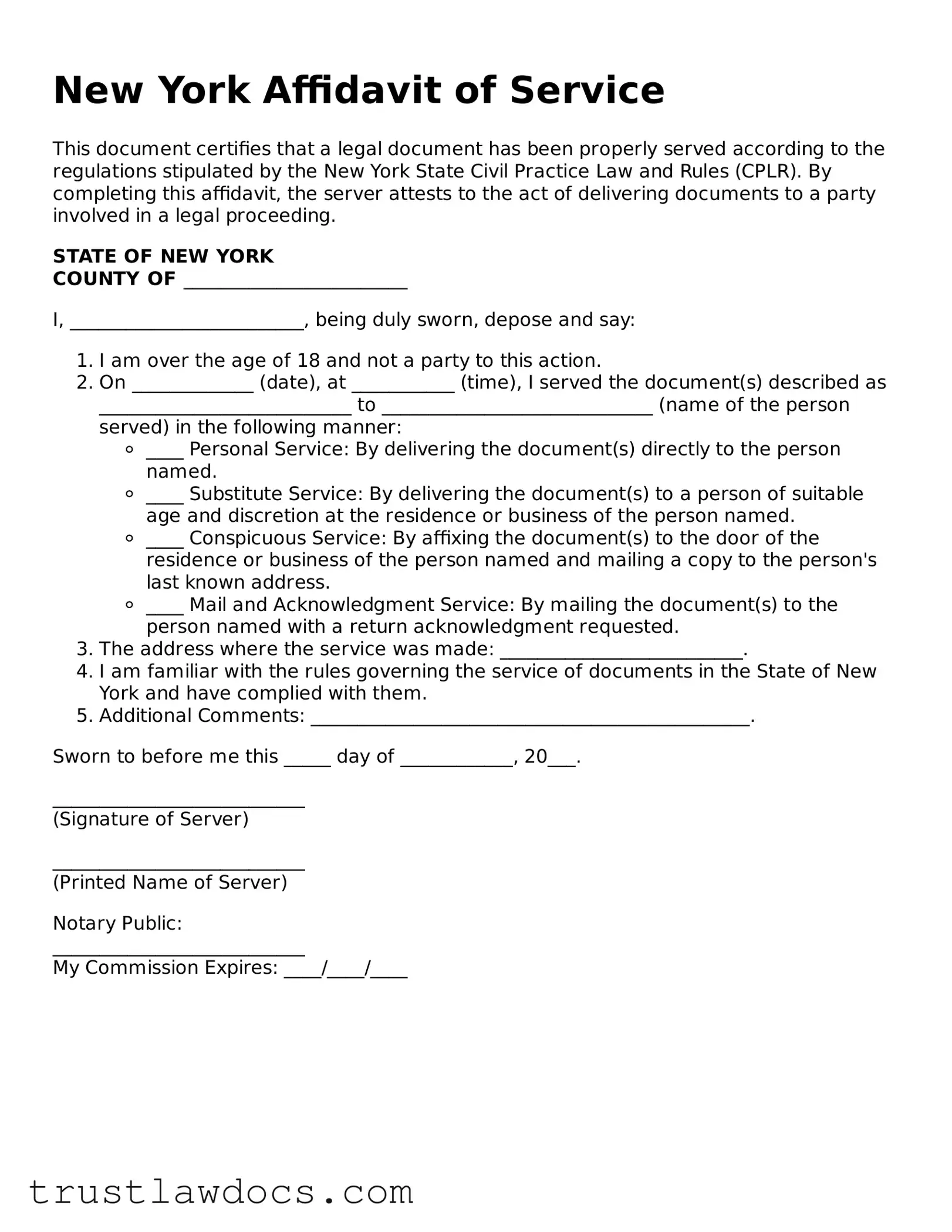 Free  Affidavit of Service Form for New York
