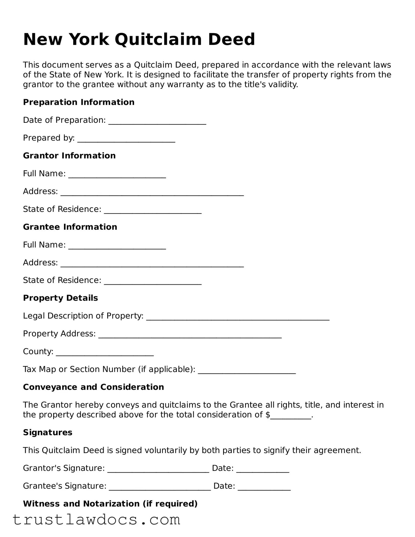 Free  Quitclaim Deed Form for New York