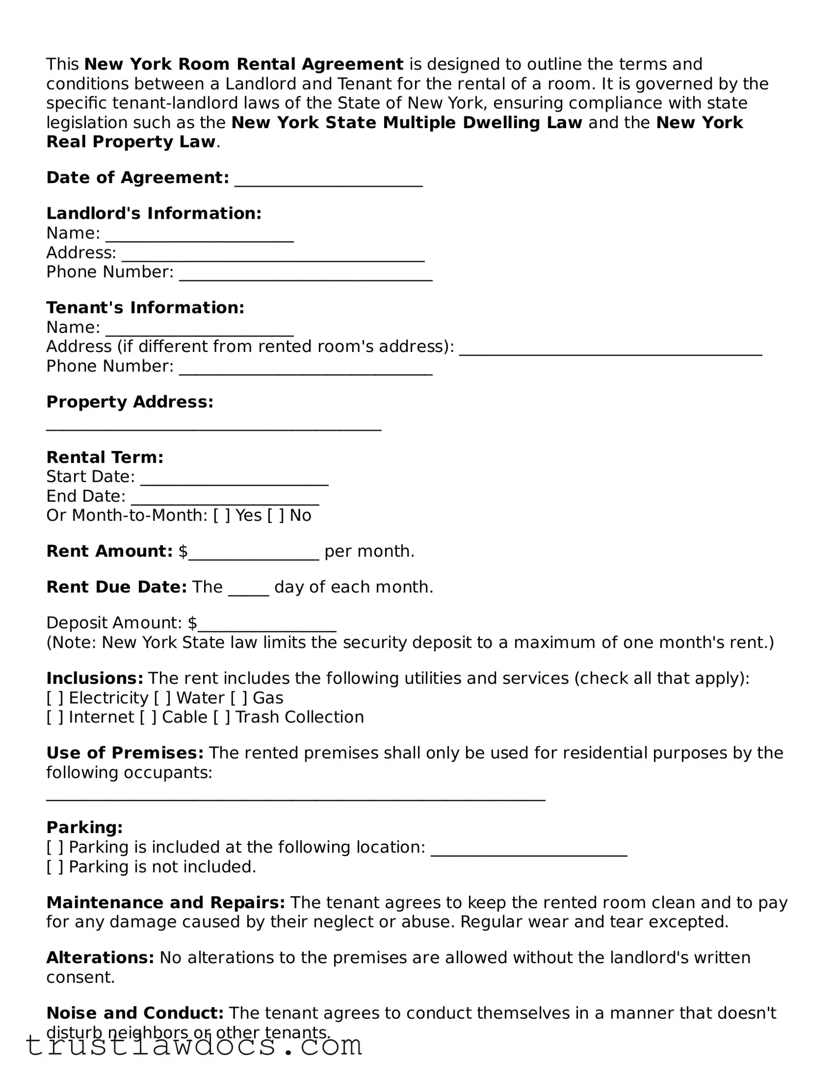 Free  Room Rental Agreement Form for New York