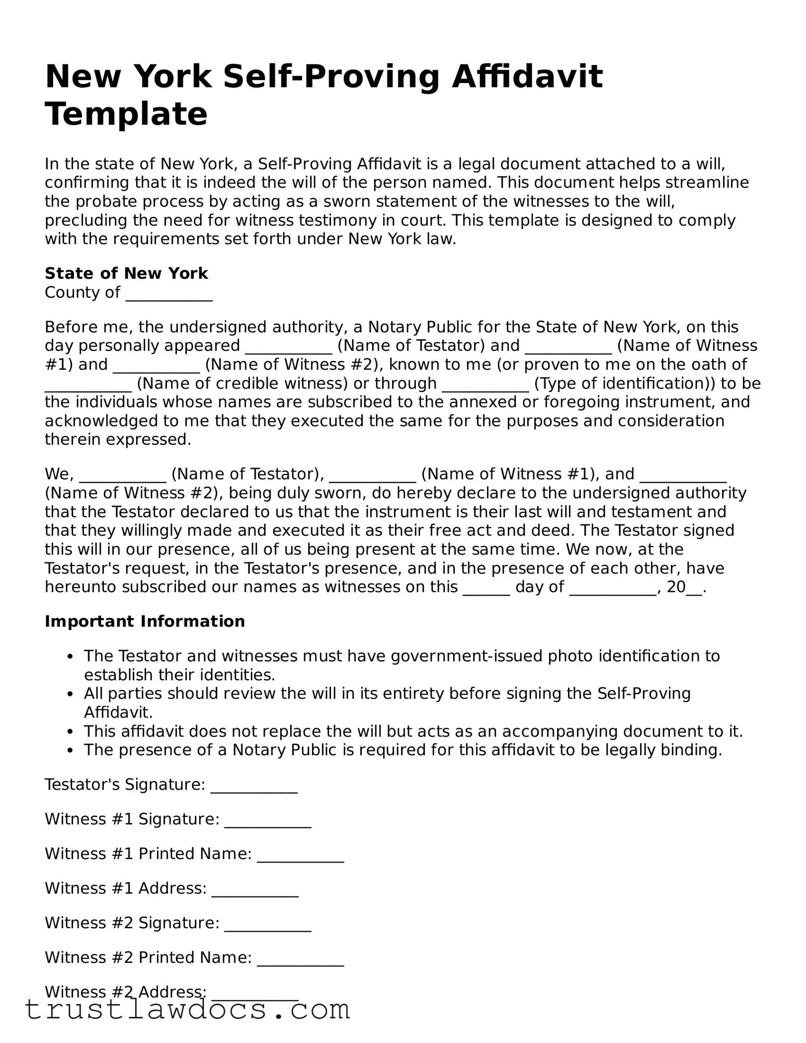 Free  Self-Proving Affidavit Form for New York