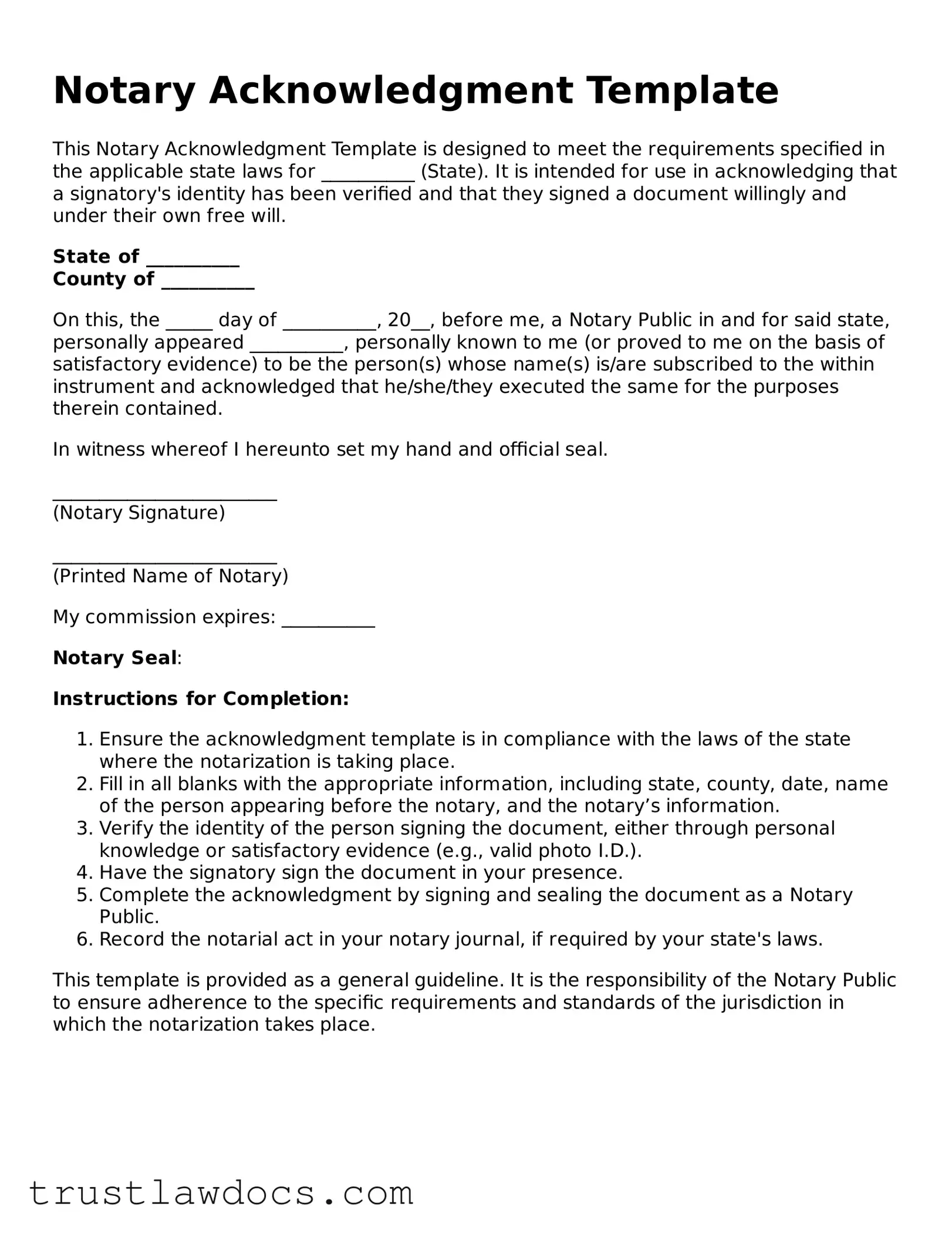 Official Notary Acknowledgement Document