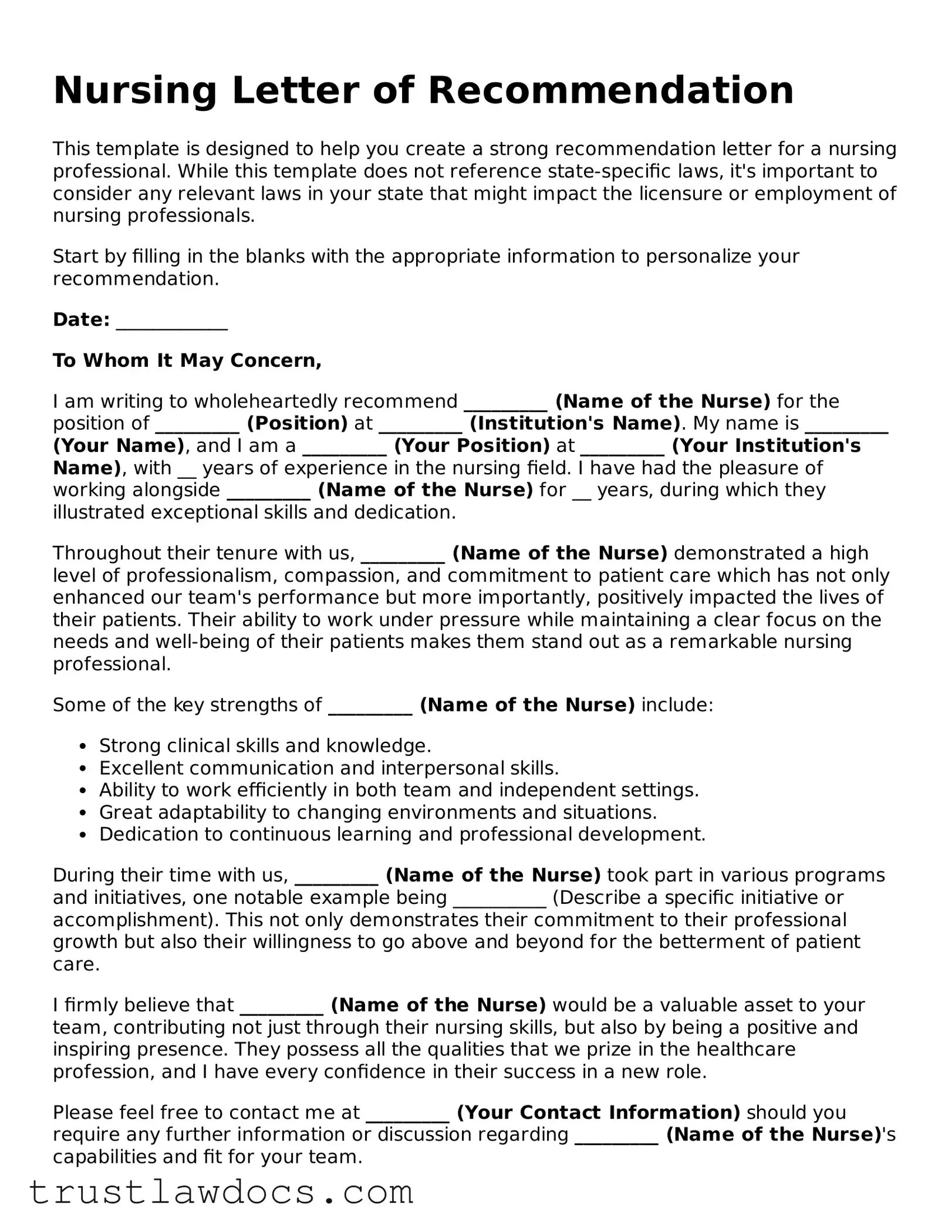 Official Nursing Letter of Recommendation Document