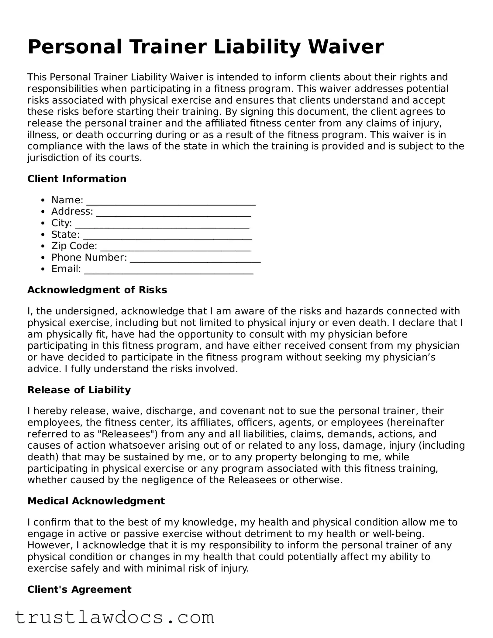 Official Personal Trainer Liability Waiver Document