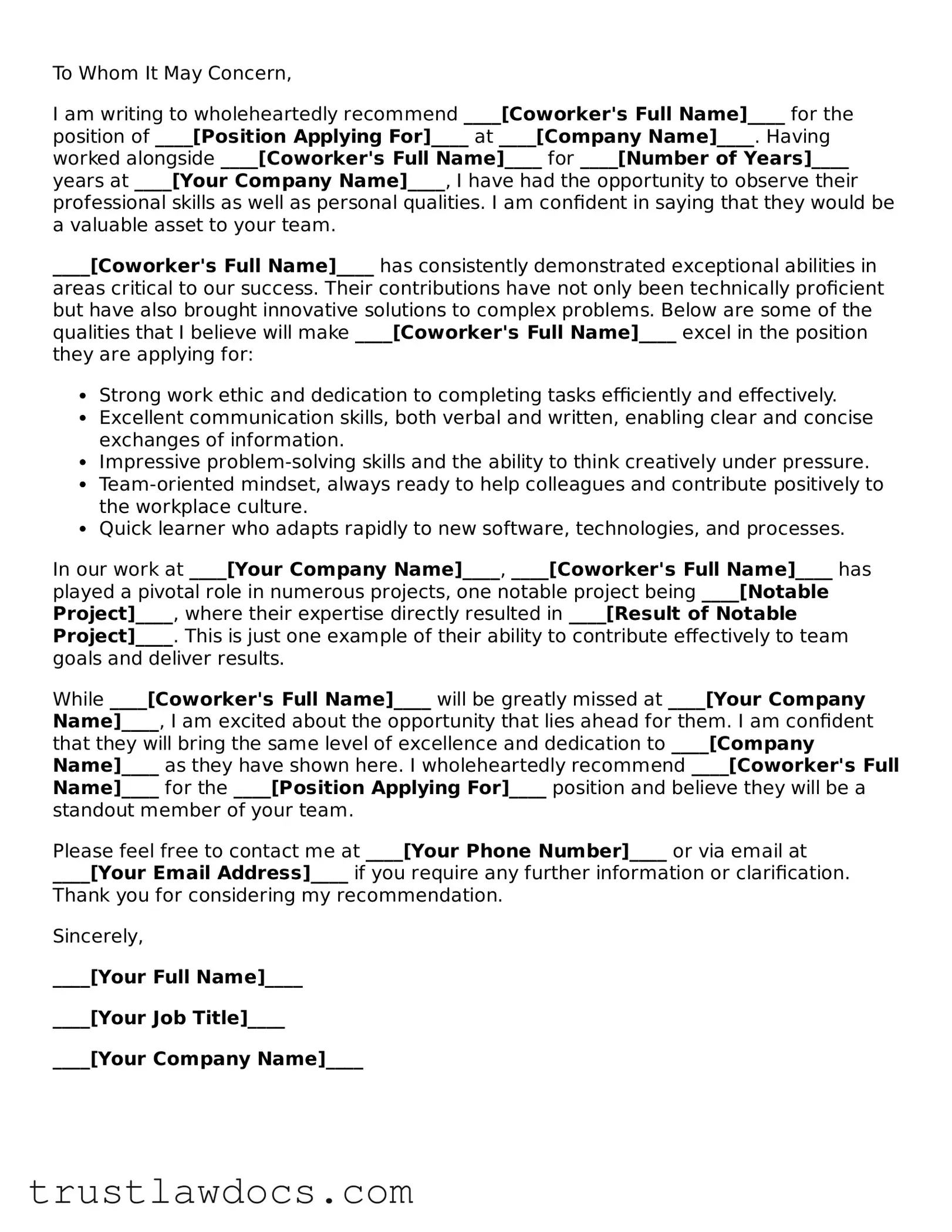 Official Letter of Recommendation for Coworker Document