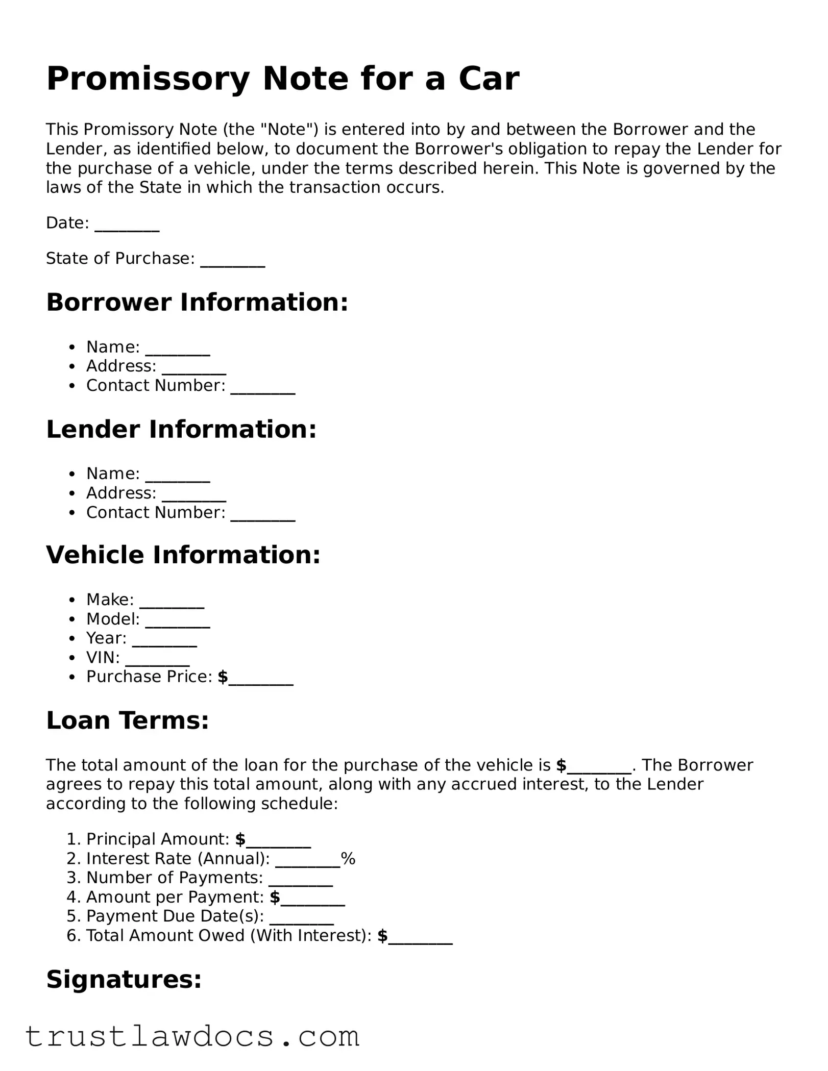 Official Promissory Note for a Car Document