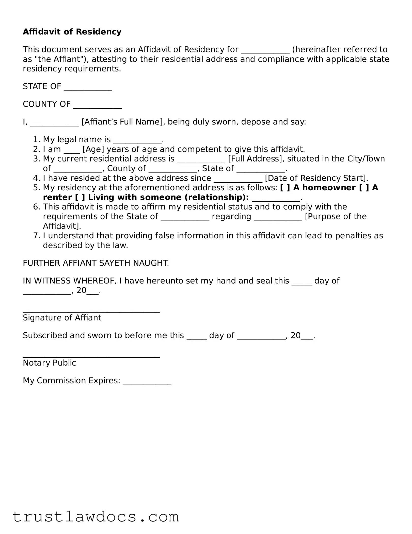 Official Affidavit of Residency Document