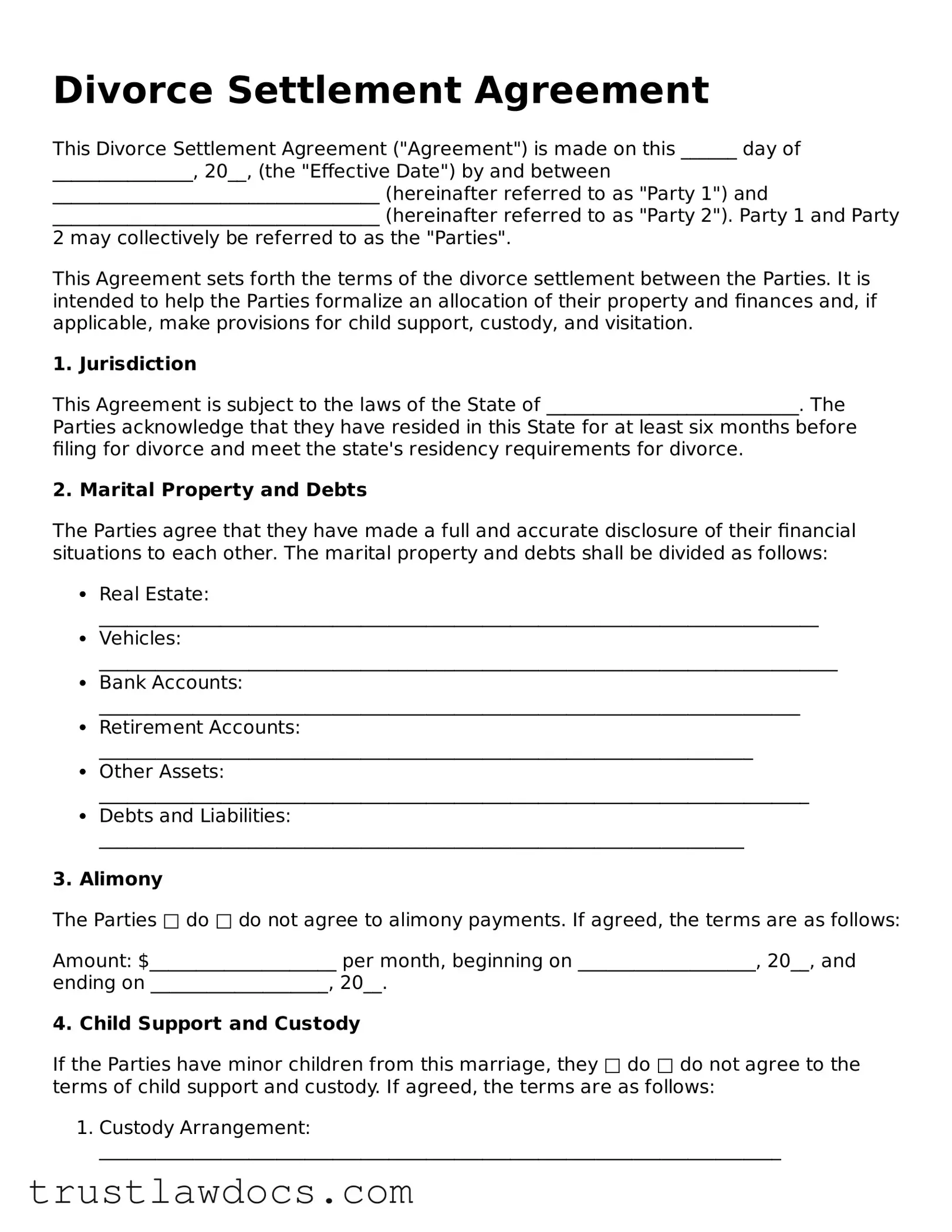 Official Divorce Settlement Agreement Document