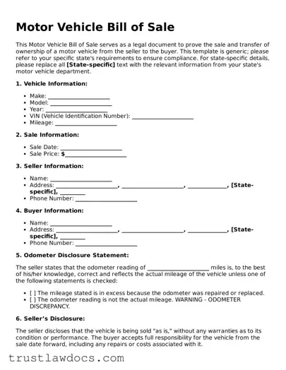 Official Motor Vehicle Bill of Sale Document