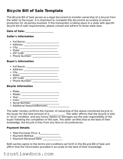 Official Bicycle Bill of Sale Document
