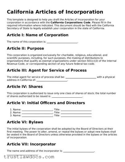 Free  Articles of Incorporation Form for California