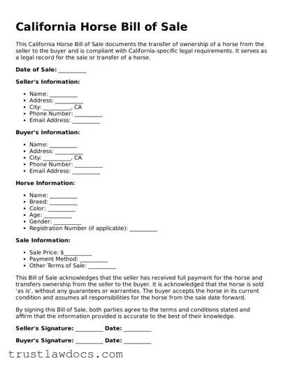 Free  Horse Bill of Sale Form for California