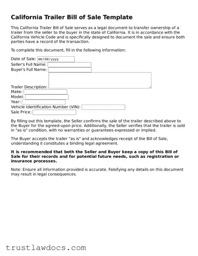 Free  Trailer Bill of Sale Form for California
