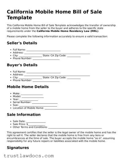 Free  Mobile Home Bill of Sale Form for California