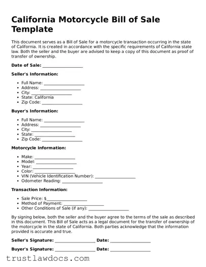 Free  Motorcycle Bill of Sale Form for California