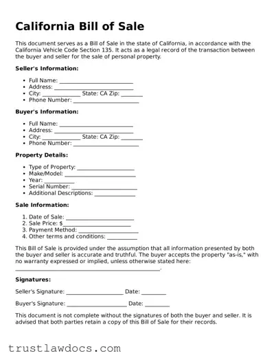 Free  Bill of Sale Form for California