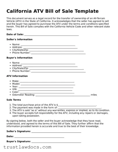 Free  ATV Bill of Sale Form for California