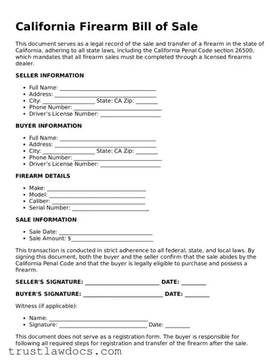 Free  Firearm Bill of Sale Form for California