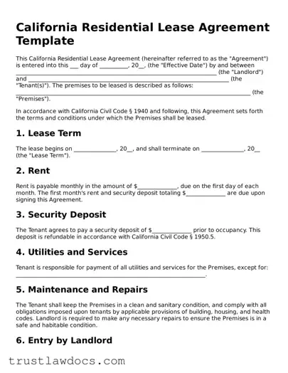 Free  Residential Lease Agreement Form for California